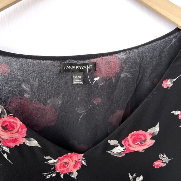 Lane Bryant Black Red Rose Floral Print Semi Sheer Ruffle Sleeve Top 26/28 - Picture 3 of 7